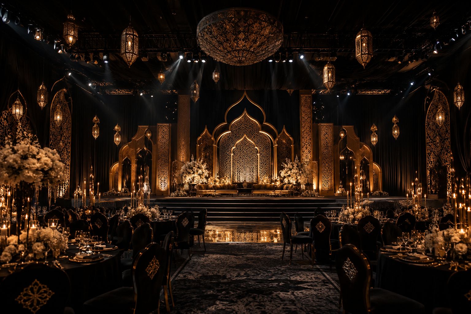 Luxury black and gold event stage with ornate lanterns